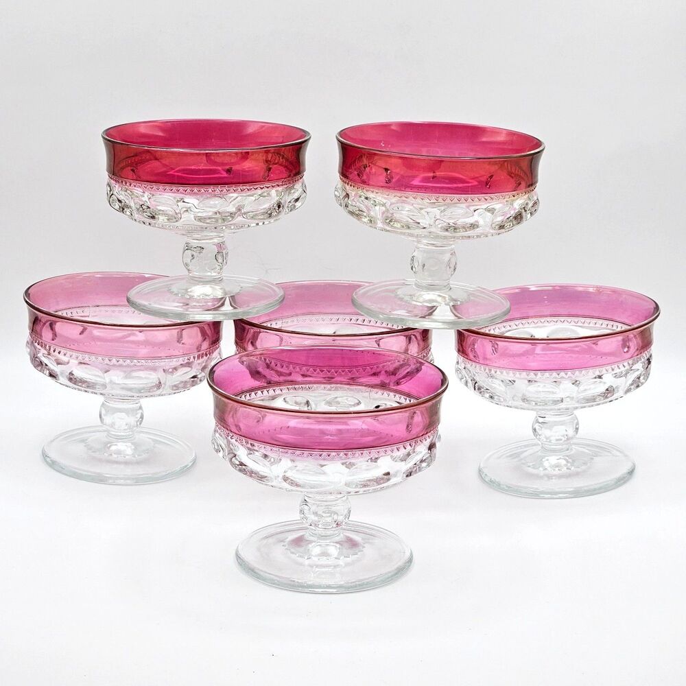 Tiffin Franciscan King's Crown Cranberry Champagne Glasses Sherbet Dishes Set 6